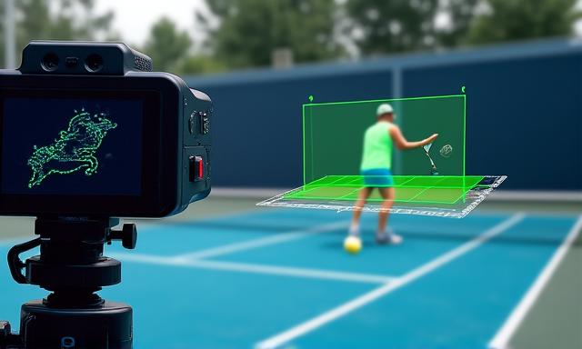 테니스 코트에서 초고속 카메라가 움직임을 분석하는 장면