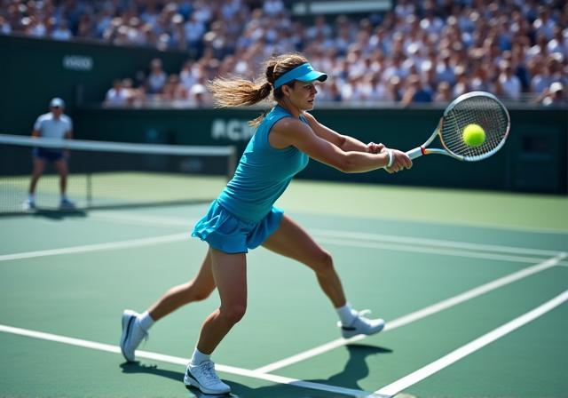 프로 테니스 선수의 역동적인 경기 모습